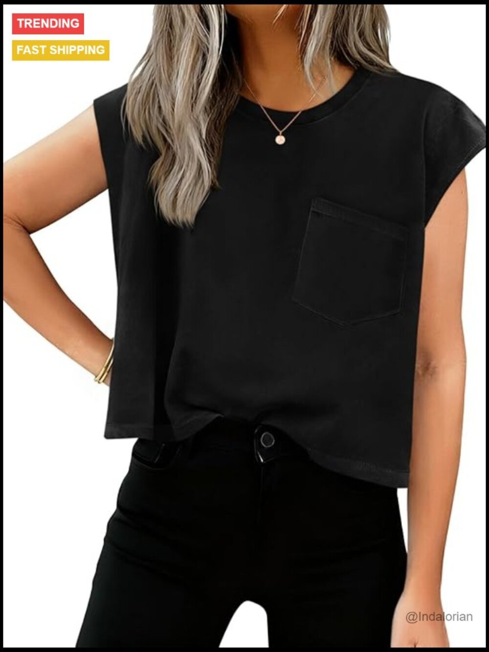 Crop Tank Top Cap Sleeve Loose Casual Crewneck with Pockets